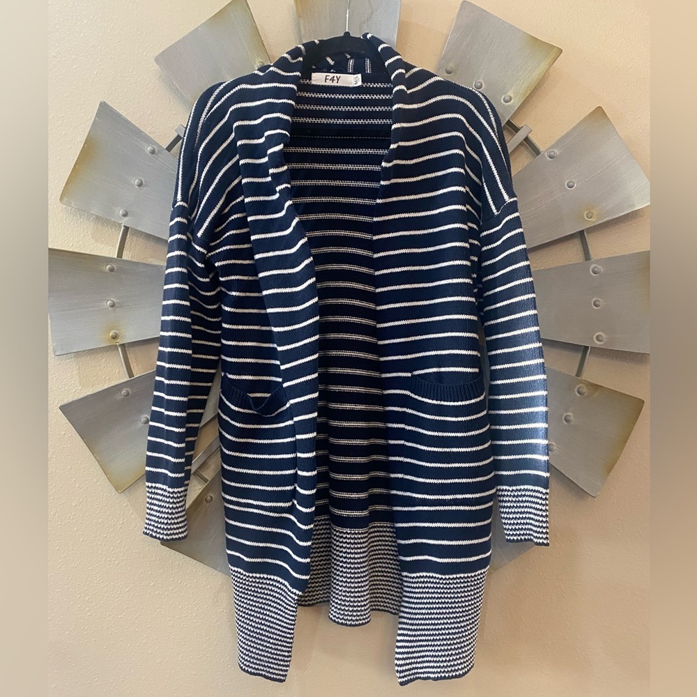 F4Y Navy and White Striped Cardigan